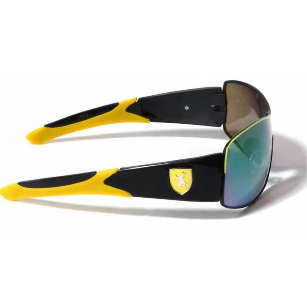 Black and Yellow Shield Sunglasses Mirrored Lens Sporty Racing Wrap Frames Gafas